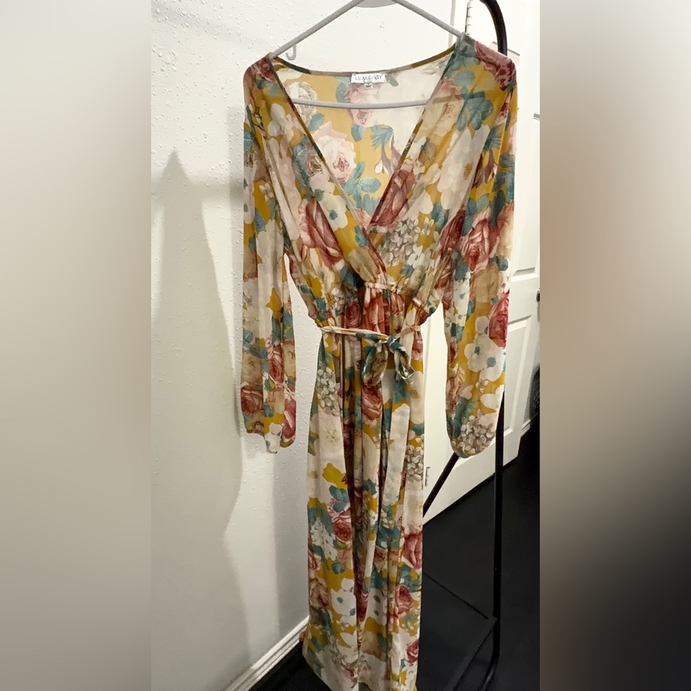 Luxology Floral Long Sleeve Maxi Dress in Cream, Yellow, Teal & Rose